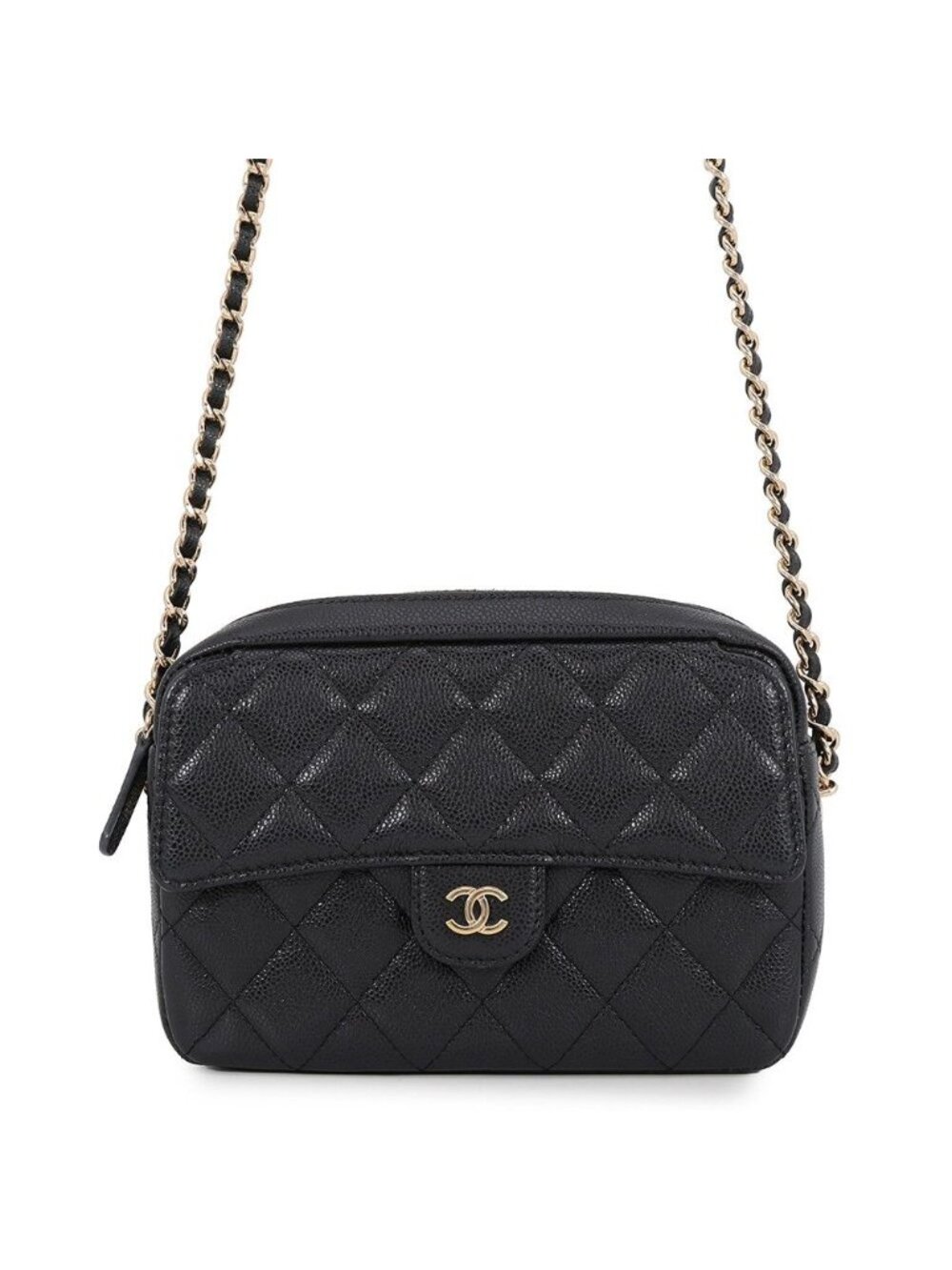 Chanel Chain Shoulder Bag Quilted CC Logo Classic Clutch Caviar Leather Black